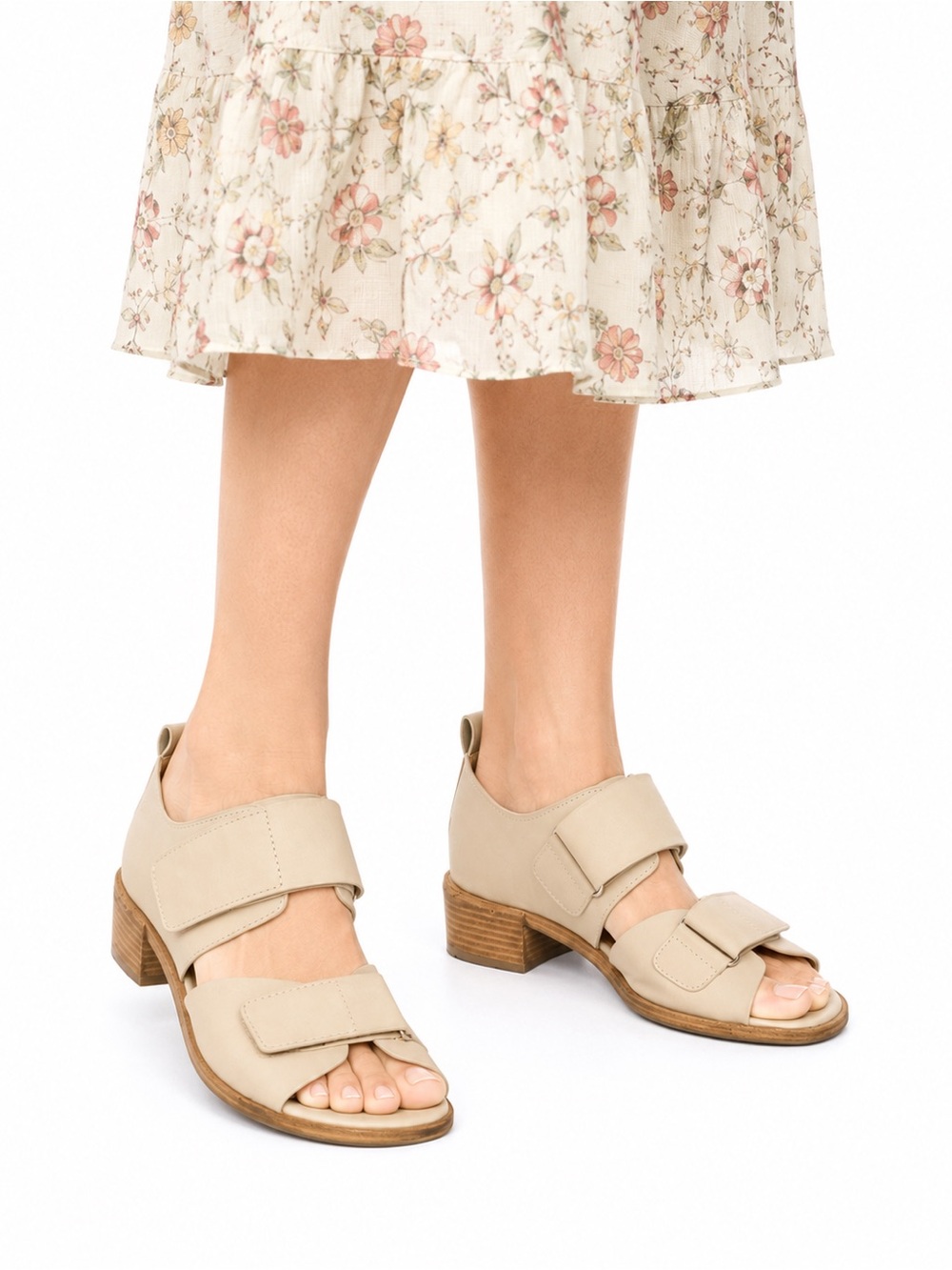 Size 10 Shellys London Women’s Leather Double Strap Block Heel Sandals Beige